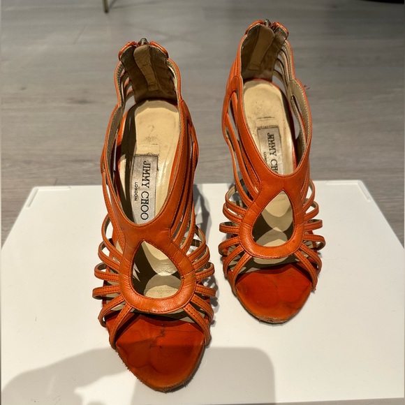 Jimmy Choo, size 5.5, used, good condition, orange leather, high heel - Picture 1 of 11